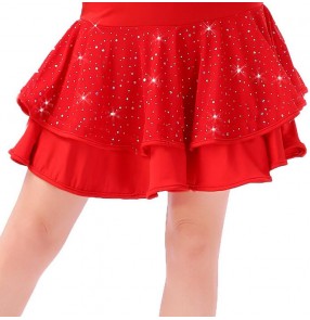 Black red double layers sequins mini length women's ladies female leotard latin salsa samba cha cha dance skirts